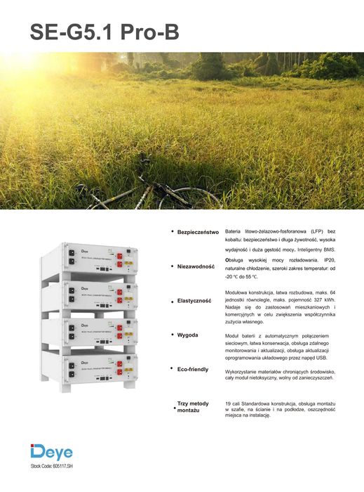 Magazyn energii Deye SE-G5.1 Pro-B 5,1 kWh – LiFePO4, 10 lat gwarancji