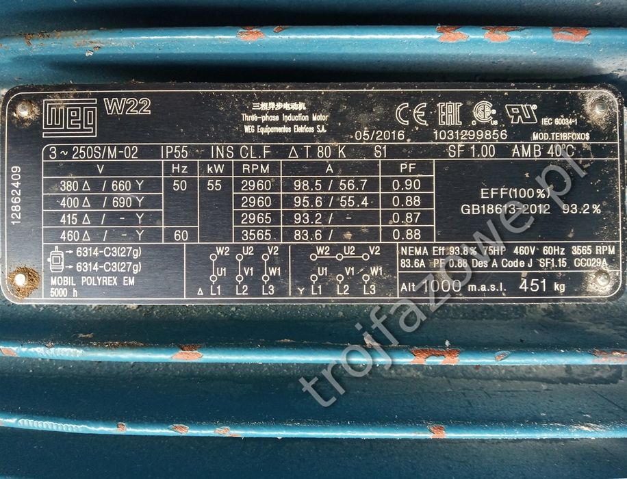 Silnik elektryczny 45 kW 55 kW 75 kW 700 obr 900 obr 1400 obr 2900 rpm