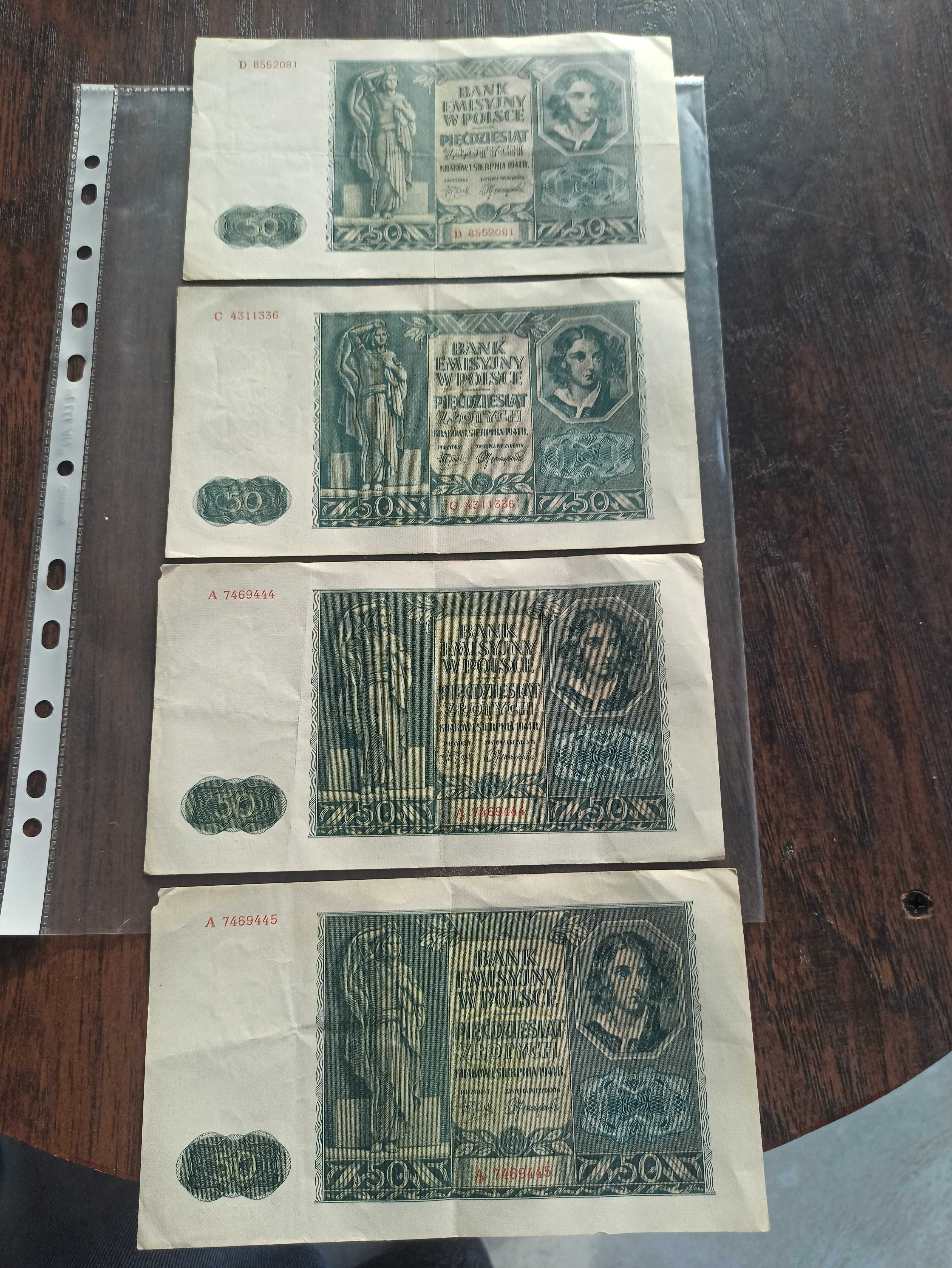 Banknoty  4 sztuki  po 50zł z 1941 roku super stan