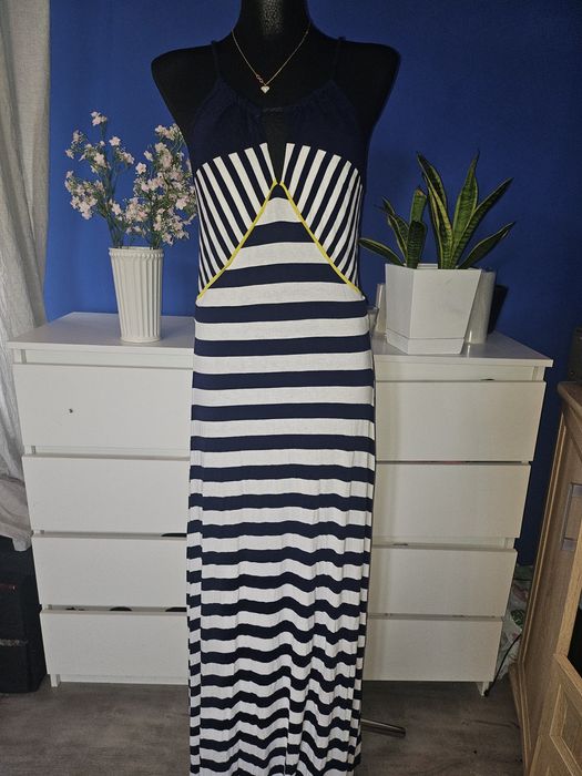 Sukienka maxi długa w pasy na lato plażę plażowa wiązana lekka przew