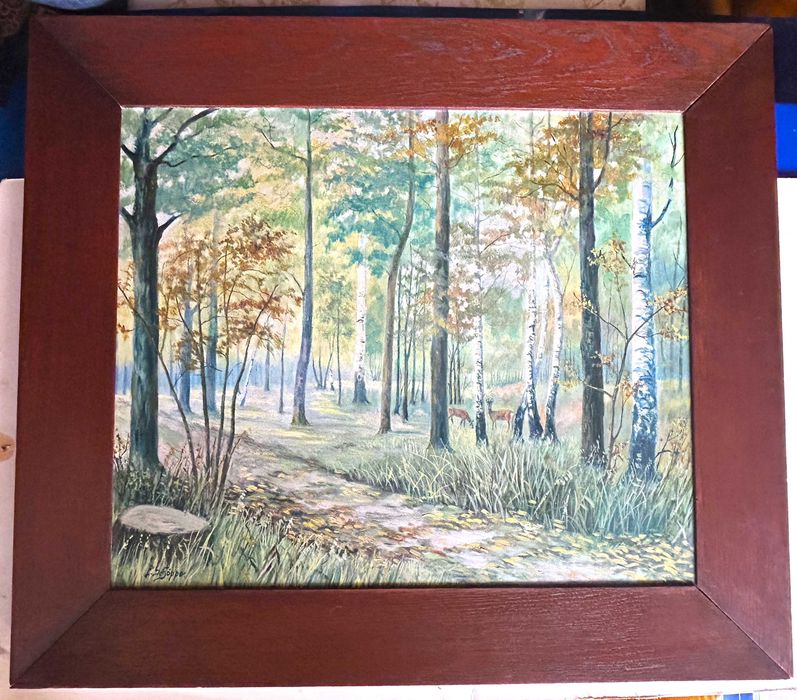 Obraz olejny w dębowej ramie W lesie Obraz podpisany w 60,0 x 76,0 cm