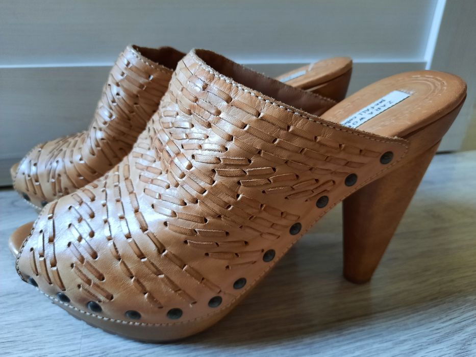 ZARA nowe klapki r 41 skóra i drewniany obcas