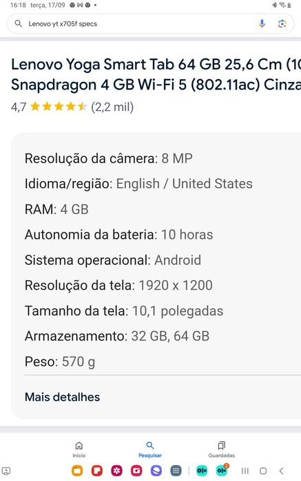 Tablet android Lenovo yoga 10 polgadas