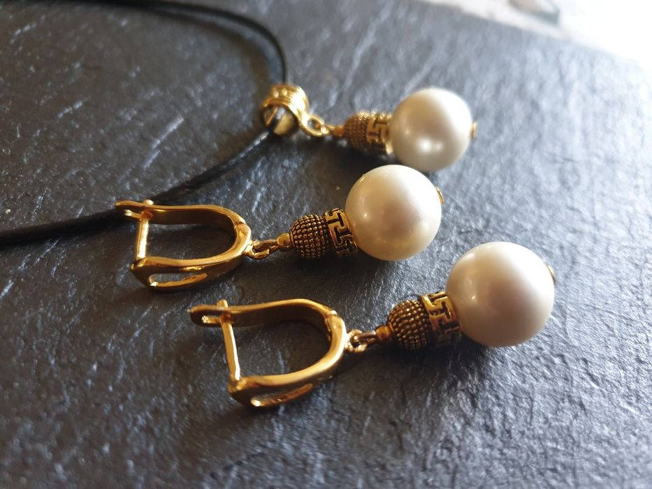 Дизайнерский комплект с жемчугом майорика в позолоте "Эллада"