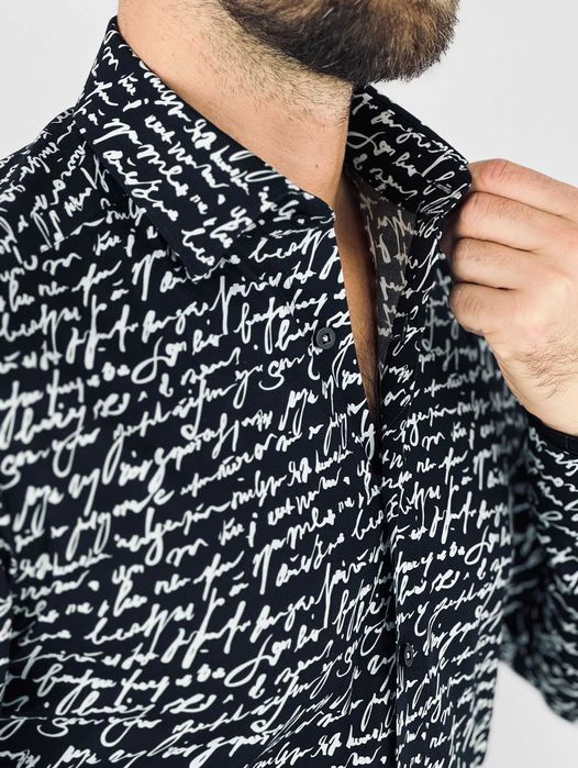 GIOVANNI PERA Koszula męska K012 Pismo, czarna-biała, elastyczna