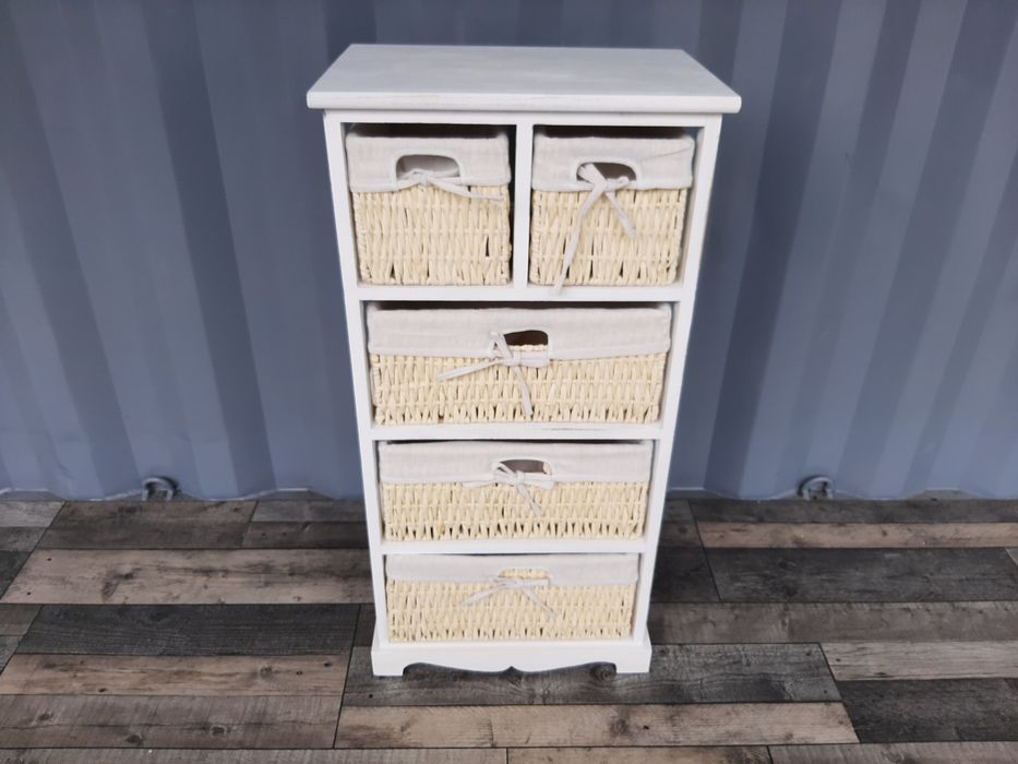Wąska Przecierana szafka komoda z koszykami