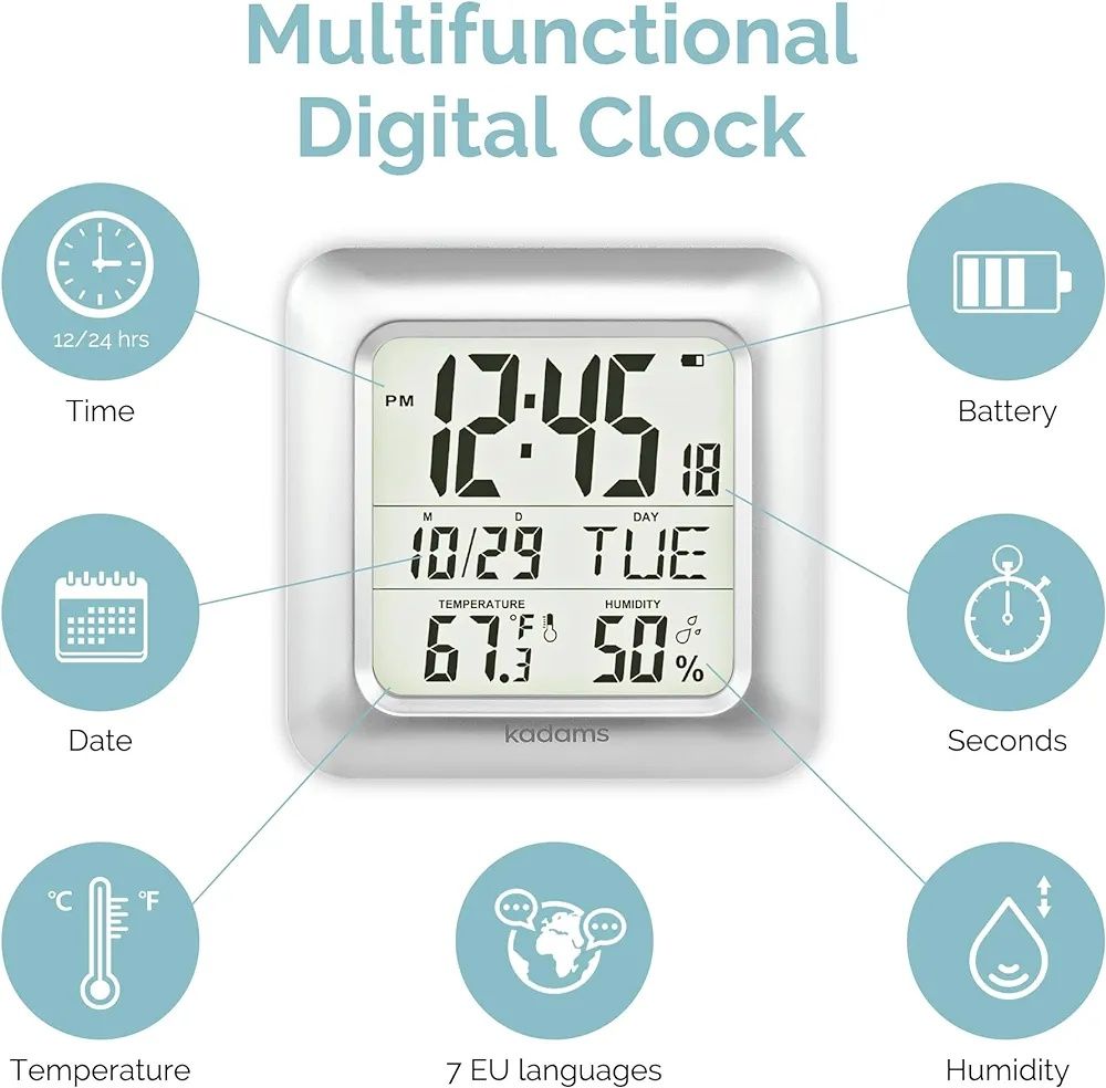 KADAMS cyfrowy zegar łazienkowy, wodoodporny, temperatura i wilgotność