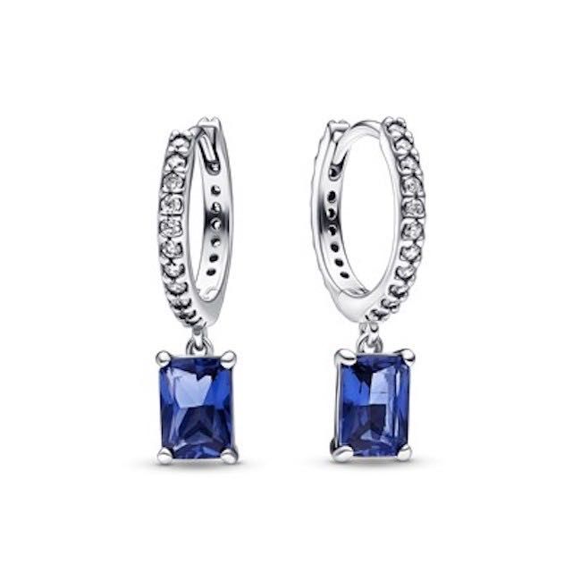 Brincos Argolas Rectangular Sparkling Azul Pandora Prata de Lei 925