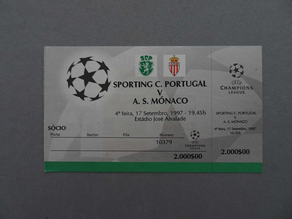 Bilhete Futebol Sporting Mónaco Champions League Setembro 1997