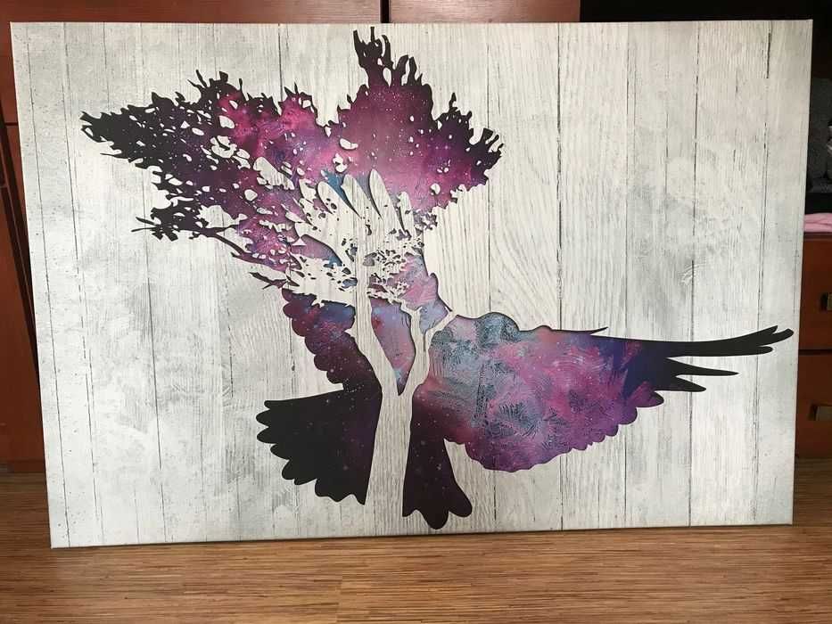 Szaro fioletowy obraz na ścianę ptak drzewo 120x80