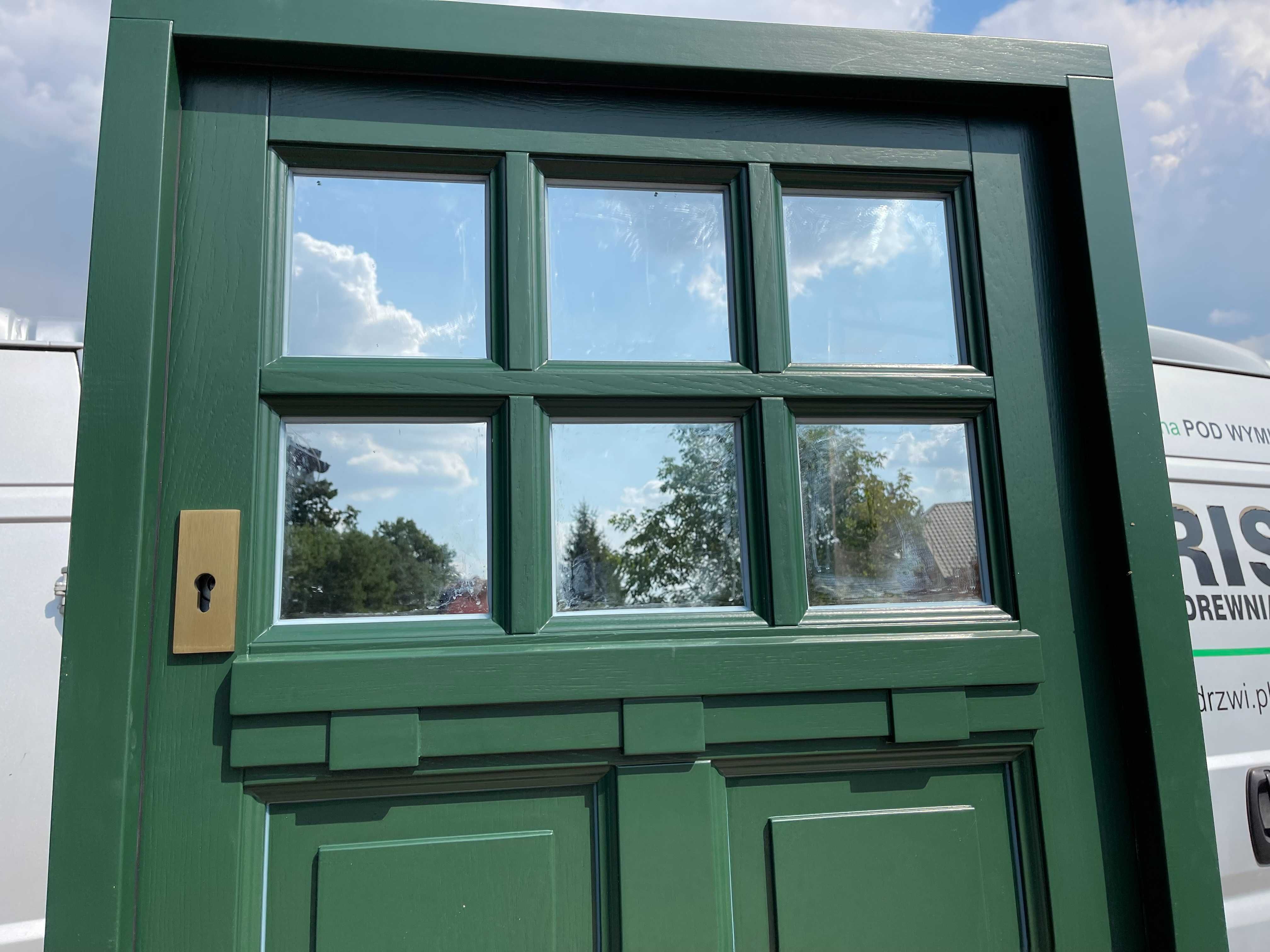 Drzwi ZEWNĘTRZNE drewniane Amerykańskie  zielone ,klamka schlage