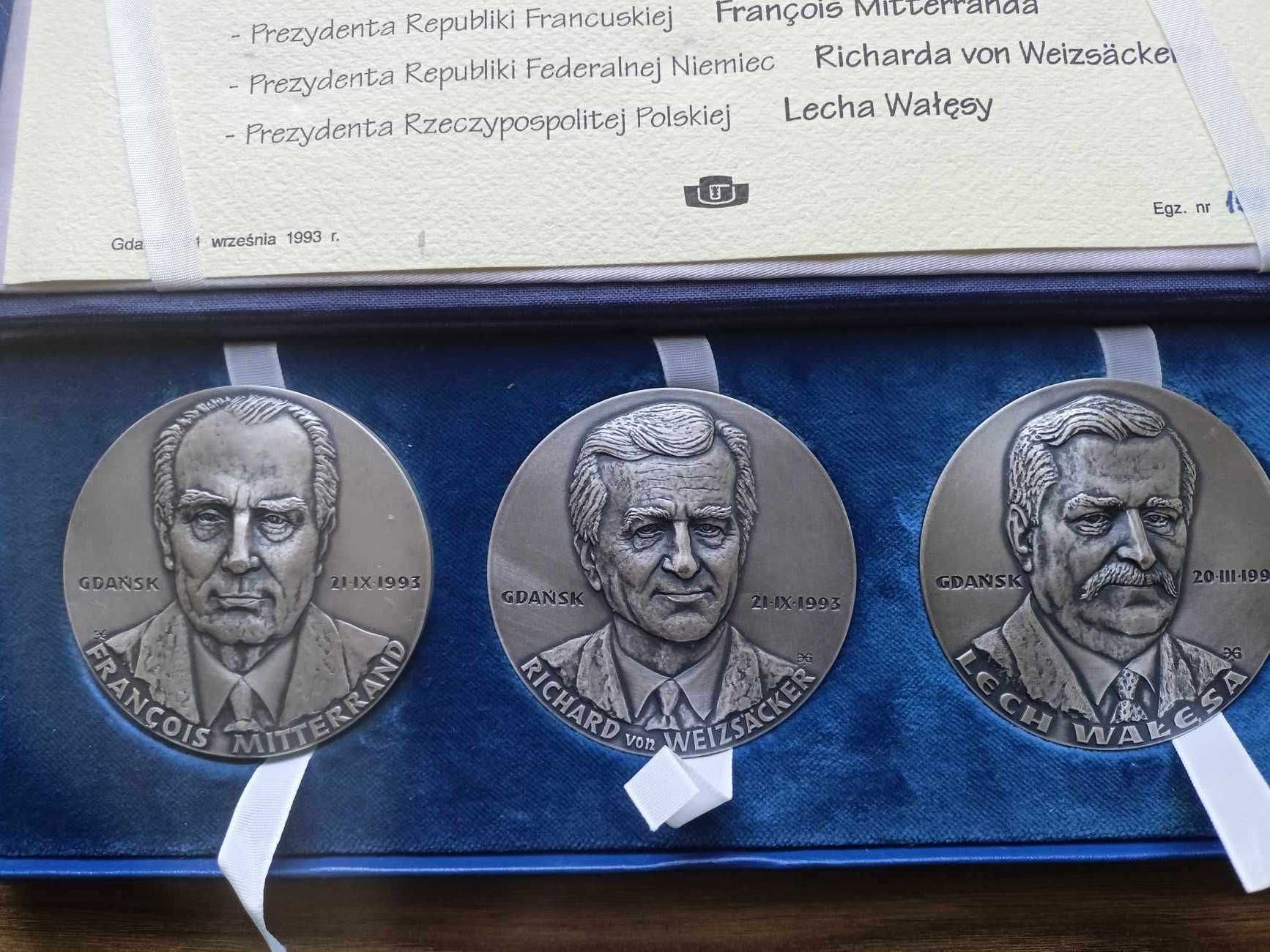 Medale Lech Wałęsa + François Mitterrand + Richard von Weizsäcker