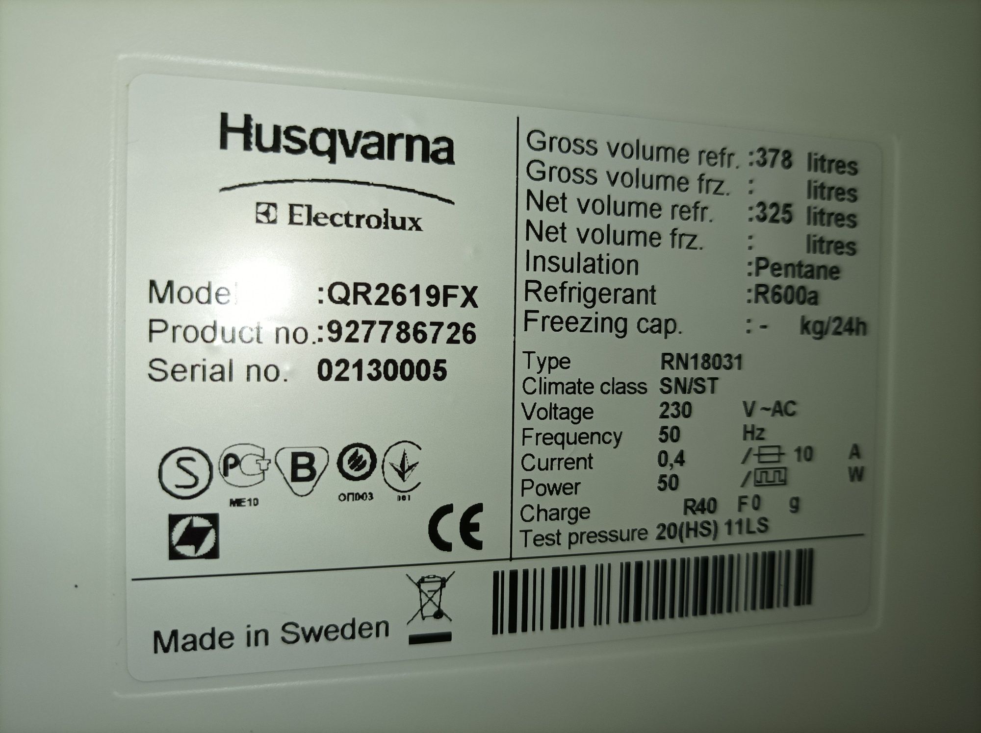 Холодильна і морозильна камери комплект Husgvarna/Electrolux