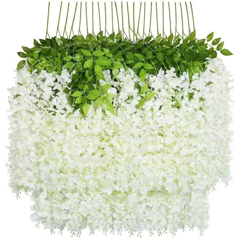 Sztuczne Kwiaty Girlanda Wisteria Bluszcz Dekoracja Białe Zestaw 6szt