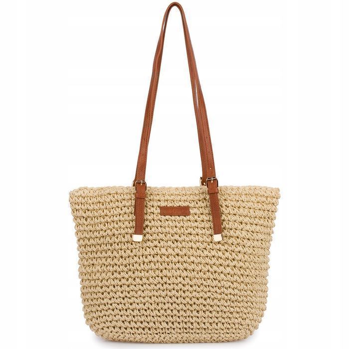 Beżowa Torba plażowa duża na lato rączki solidna koszyk plecionka