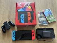 Nintendo Switch Oled, gry, stacja dokująca.