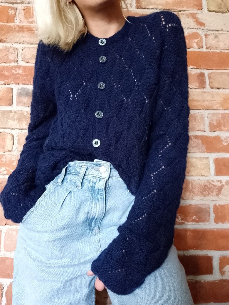 Granatowy ażurowy kardigan sweter oversize 100% wełna handmade