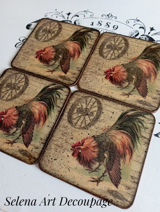 Ozdobne podstawki farmhouse koguty decoupage vintage shabby chic