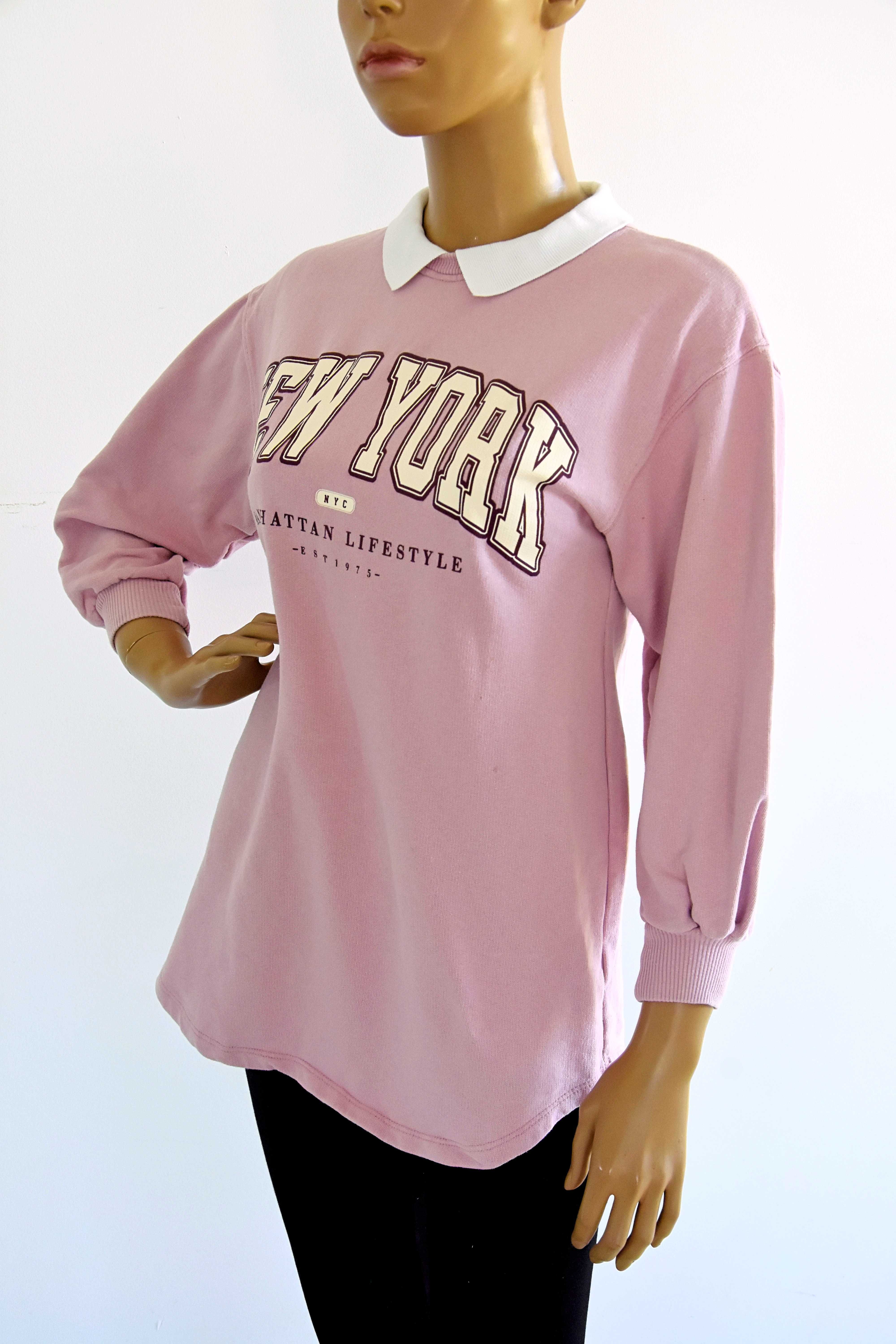 Liliowa bluza z kołnierzykiem napisem New York S 38
