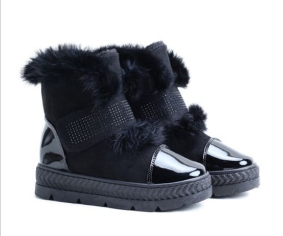 Luksusowe Śniegowce botki czarne futerko