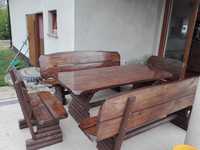 zestaw mebli ogrodowych drewnianych, stół + ławki, meble do ogrodu