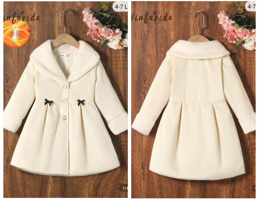 Elegancki NOWY śmietankowy płaszczyk 6L ocieplany z futerkiem