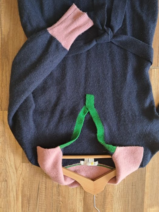 Sukienka sweterkowa wełniana M 38 granat maxi z kołnierzem wełna wool