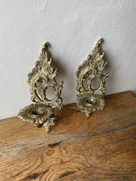 Ścienne świeczniki mosiężne vintage PRL antyk mosiądz komplet