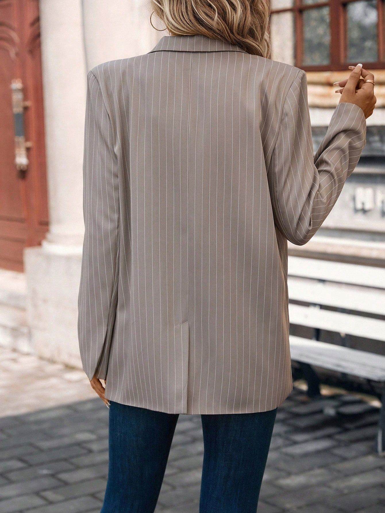 Marynarka Damska Elegancka W Paski Jednorzędowa Khaki Shein Xs 34