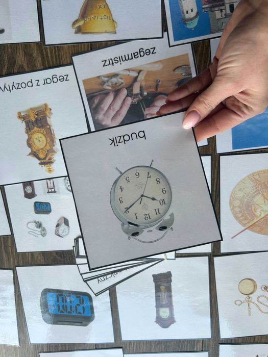 Karty trójdzielne, rodzaje zegarów, zegar, Montessori, do terapii, nau