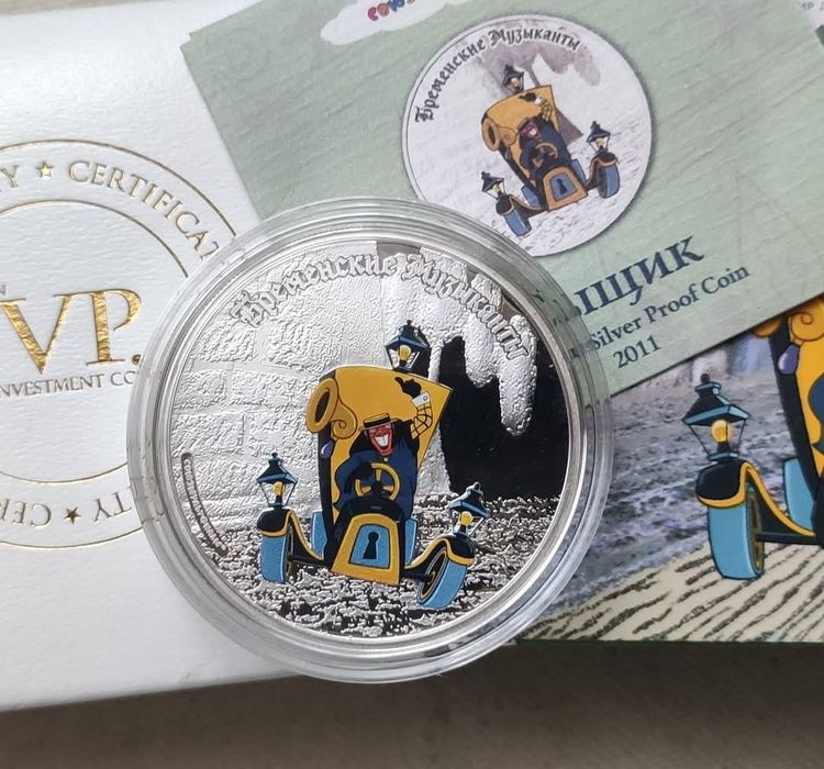 5 доларів 2011р. " Бременські музиканти". СРІБЛО. ПРУФ.