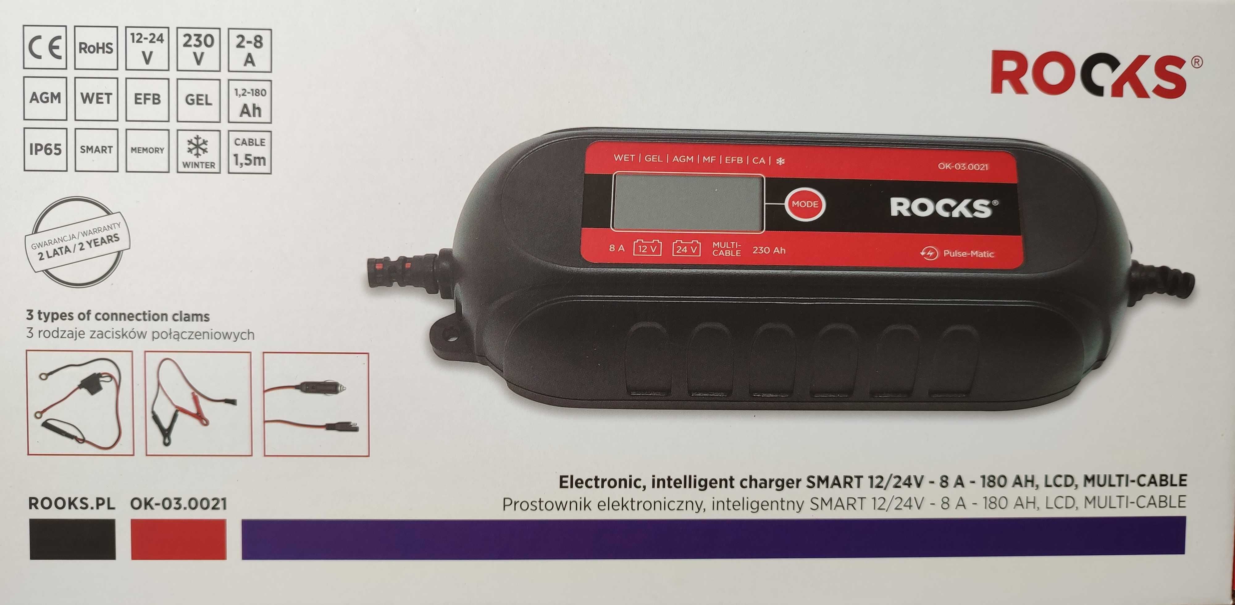 Prostownik elektroniczny, inteligentny smart 12v 24v- 8a - 230 ah, lcd