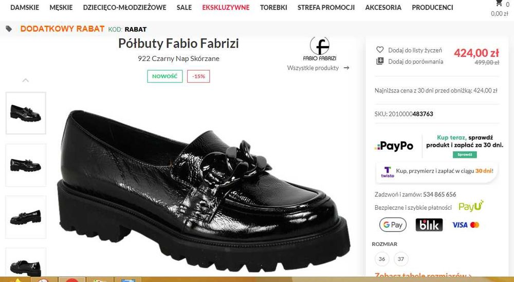 Czarne skórzane lakierowane półbuty mokasyny Fabio Fabrizi 38 24,7cm