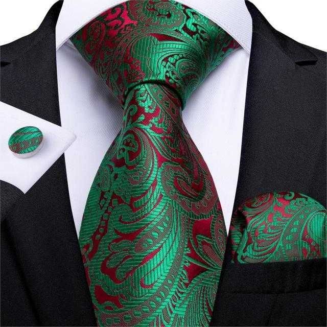 Nowy ZESTAW JEDWABNY Krawat Poszetka Spinki broszka czerwony zielony