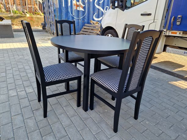 Nowe: Stół okrągły + 4 krzesła, czarny + pepitka , transport cała PL