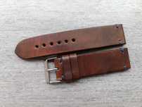 Gruby skórzany pasek zegarka 22 mm brąz wenge niebieskie nici