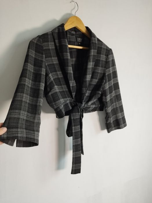 Czarno szare bolerko damskie krata wiązane eleganckie modne Simple XL