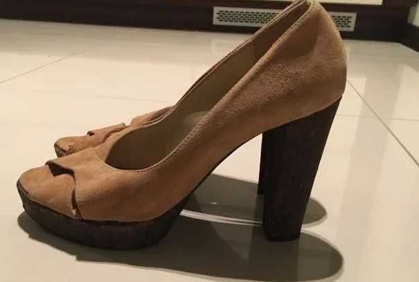 Venezia buty na koturnie sandały damskie skóra zamsz beżowe 39