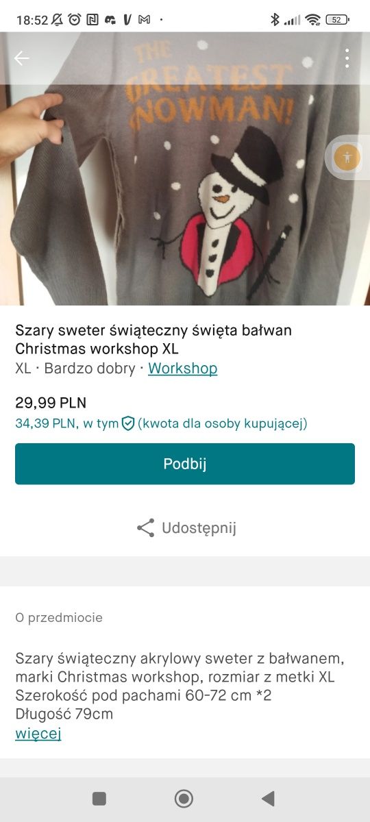 Szary sweter świąteczny święta bałwan Christmas workshop XL