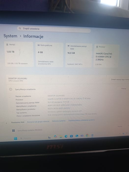 Laptop gamingowy MSI 16RAM 1TB