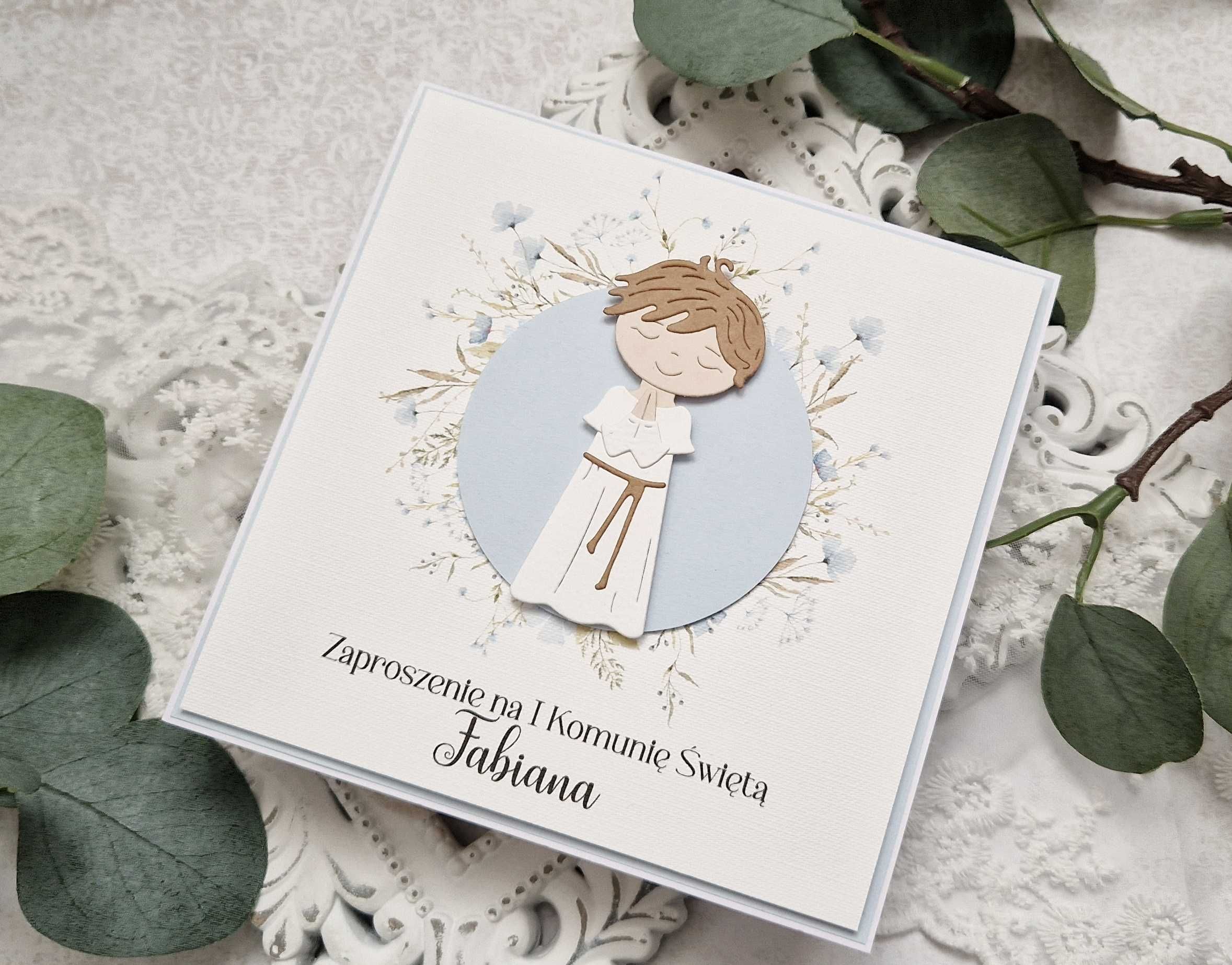 Piękne zaproszenia handmade na I Komunię dla chłopca personalizowane