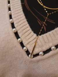 Pudrowy sweter kardigan Reserved 36 40/42 z perelkami