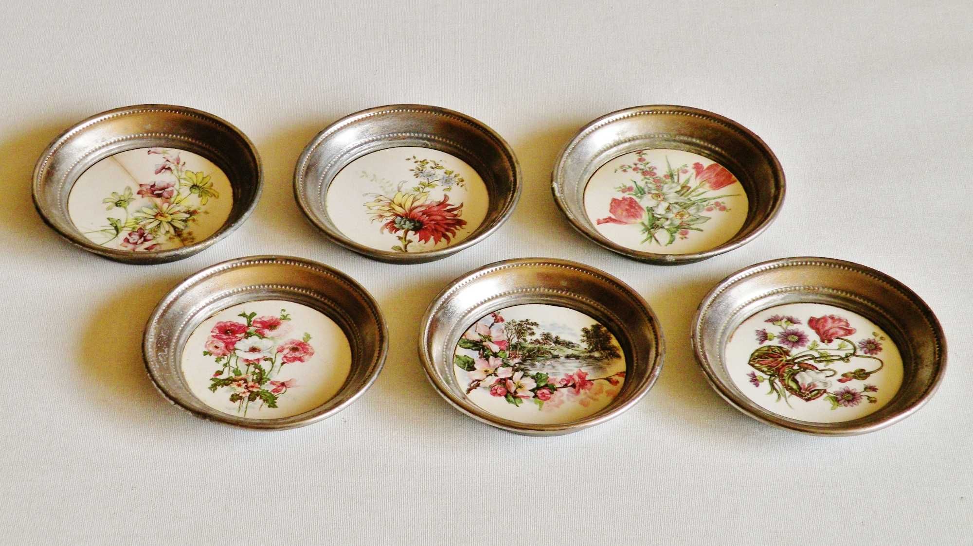 6 spodków porcelano-metalowych pod szklanki , prawdop. przedwojennych