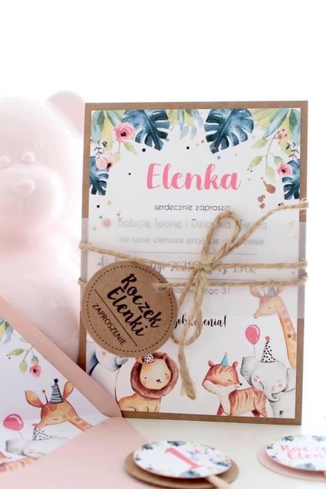 Zaproszenia dekoracje urodzinowe na urodziny roczek safari