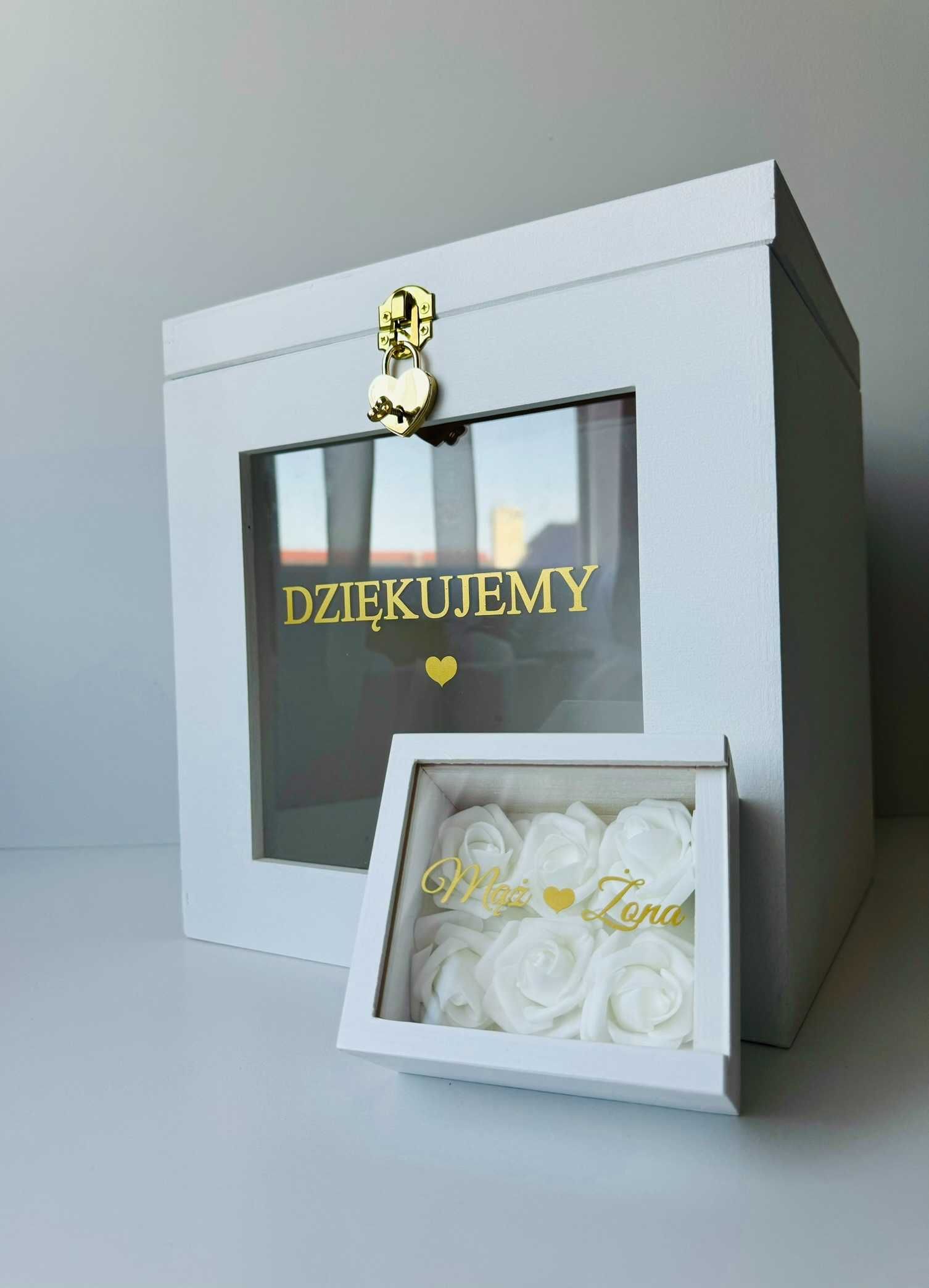 pleksi transpanentne pudełko na koperty obrączki zamykane na kluczyk