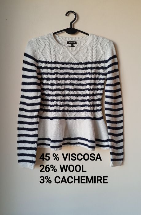 Biały sweter w paski z wełną  i kaszmirem, Massimo Dutti, rozmiar S