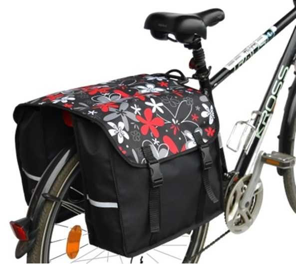 Sakwa na bagażnik, torba rowerowa 2x15L - czerwone kwiaty