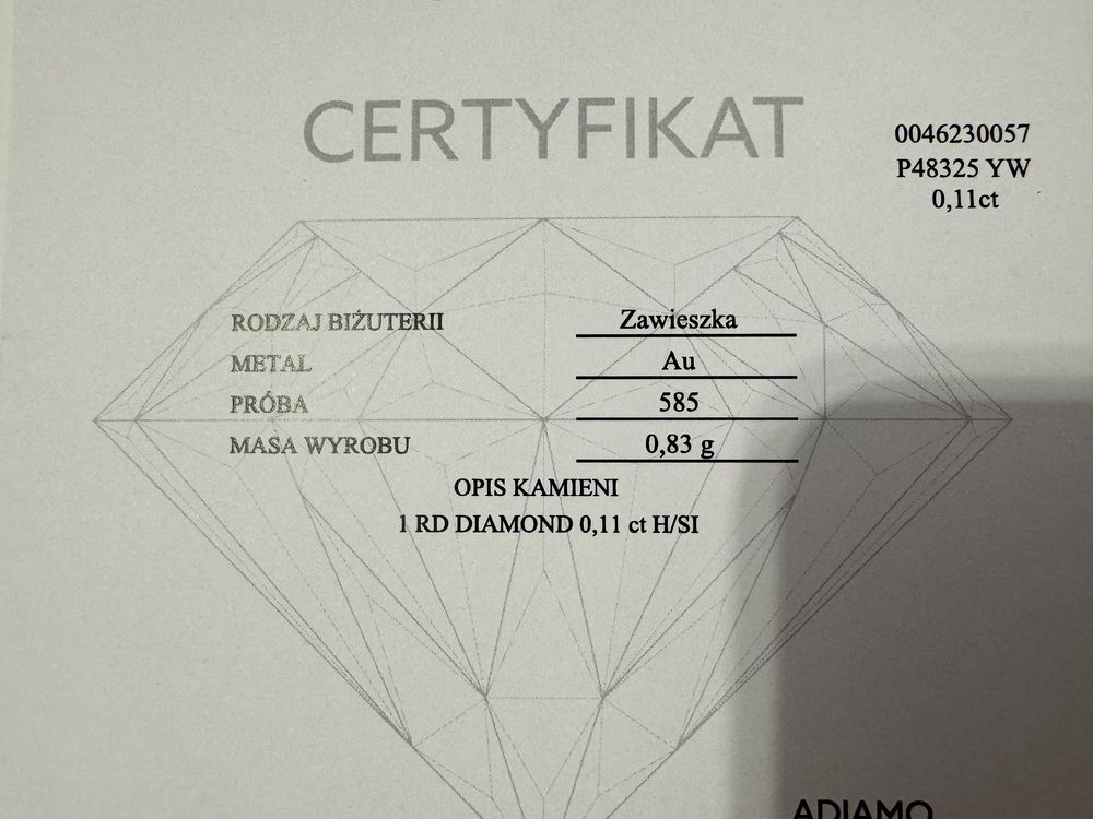 Komplet biżuterii z diamentami. Dokument certyfikat.