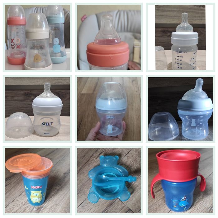 Пляшечка AVENT,Chicco,тарілка з ложкою для прикорму,чашки-непроли