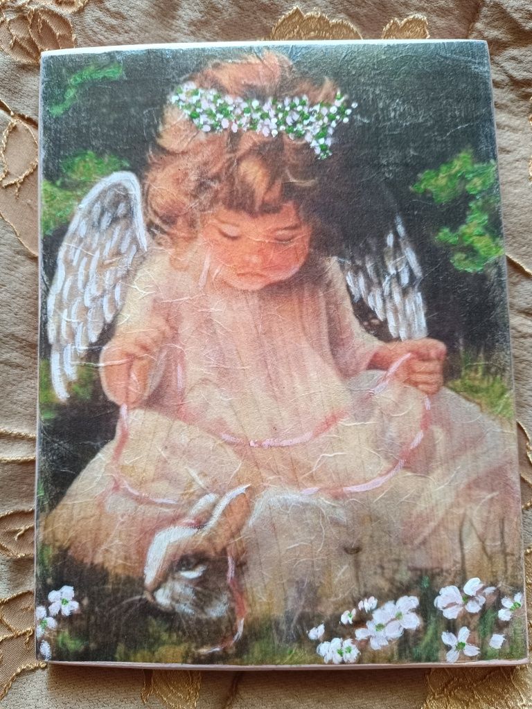 Aniołek i zajączek, obrazek na drewnie decoupage